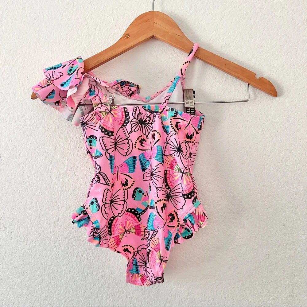 Flapdoodles Pink Sparkly Ruffle Butterfly Swimsuit Sz 5